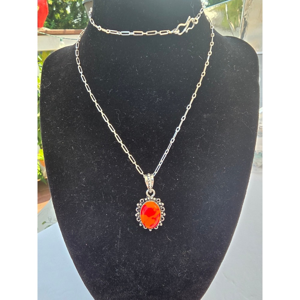 Boho Silver Tone Orange Red Marbled Stone Pendant Paperclip Chain Necklace 26in